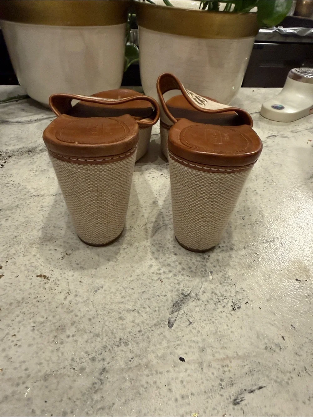 Coach Women’s Tan Leather & Canvas Slide Wedges - Natural/Tan size 10